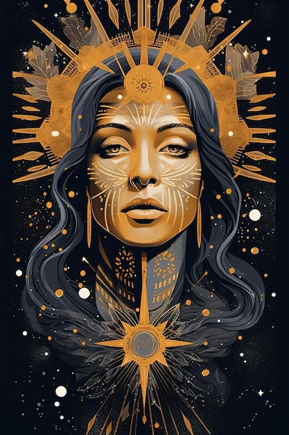 une affiche d'art avec un visage de femme et une icône d'étoile d'or