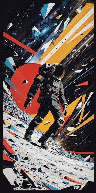 une affiche d'un astronaute dans l'espace avec un cercle rouge en bas.