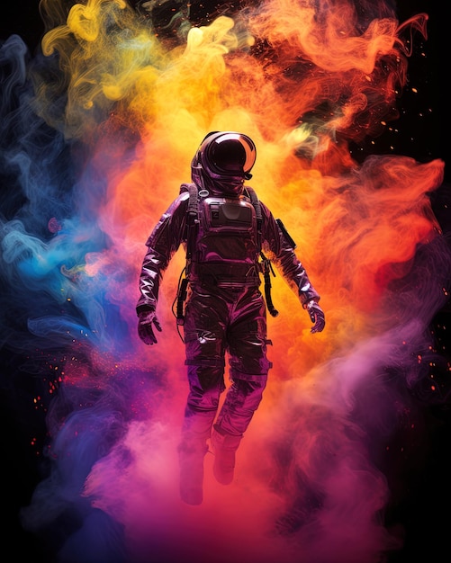 une affiche d'un astronaute dans l'espace avec de la fumée et un fond coloré.