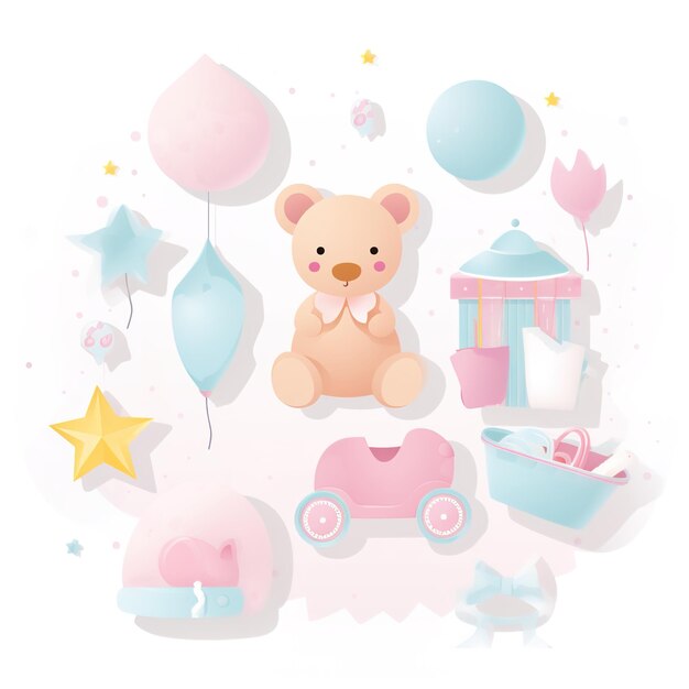 Une affiche de baby shower avec un ours en peluche et un landau.