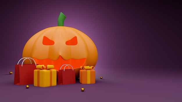 Photo affiche de bannière de concept de vente d'halloween ou conception de flyer modèle pour la publicité web annonces sociales et de mode avec fantôme de citrouille et boîte-cadeau de sac à provisions sur fond violet rendu 3d