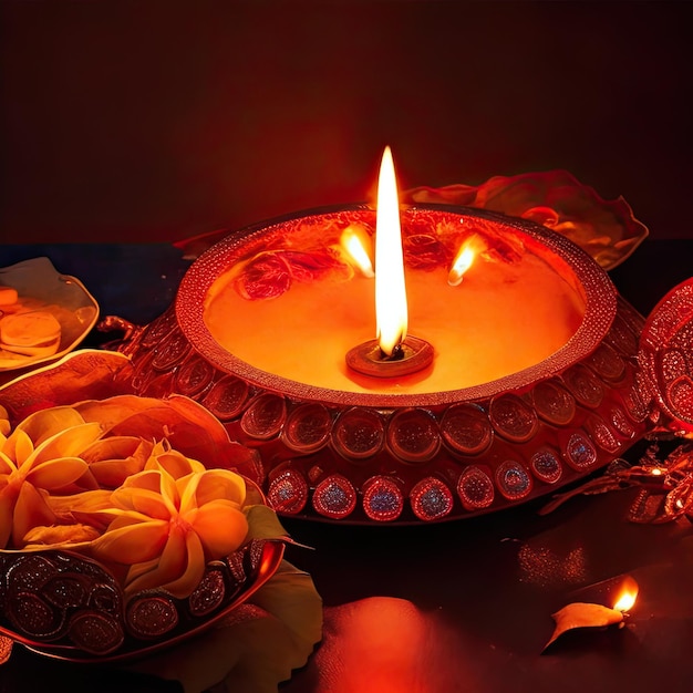 Affiche ou bannière Happy Diwali avec lampes à huile éclairées