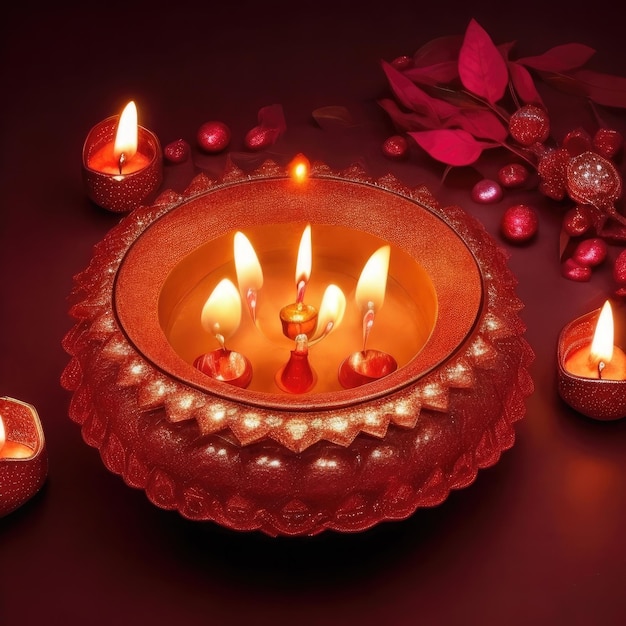 Affiche ou bannière Happy Diwali avec lampes à huile éclairées