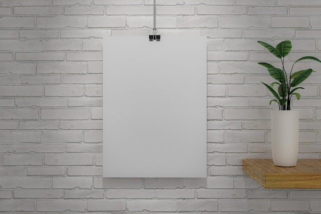 Une affiche blanche accrochée à un mur de brique blanche avec une plante sur une étagère à côté