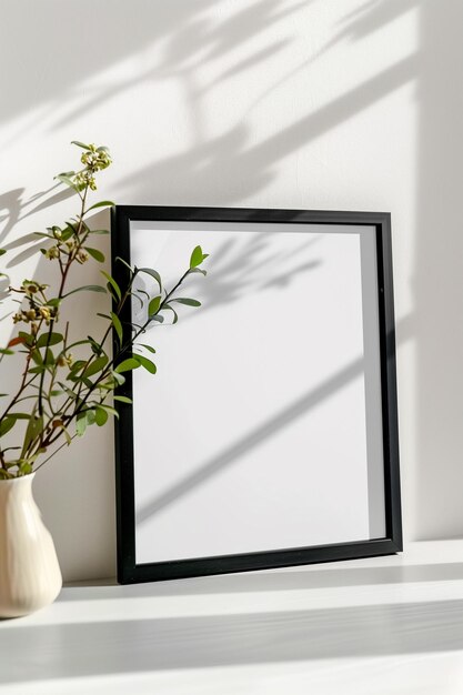 Une affiche blanche encadrée en noir est assise sur une table à côté d'un vase de fleurs