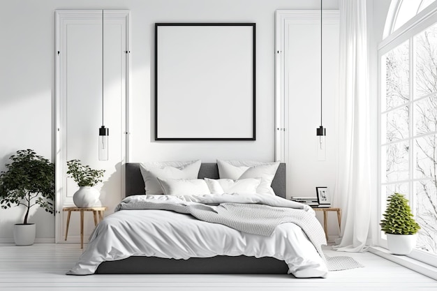 Une affiche blanche est accrochée au-dessus d'un lit moderne
