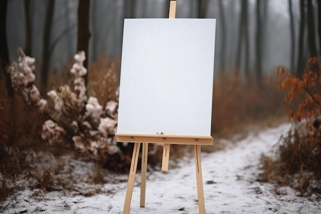 affiche blanche vide sur chevalet sur cérémonie de mariage style hiver