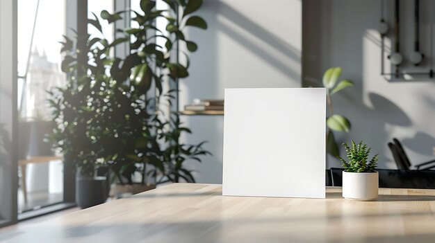 Affiche blanche vierge posée sur une table en bois La table est dans un intérieur moderne avec des plantes vertes en arrièreplan