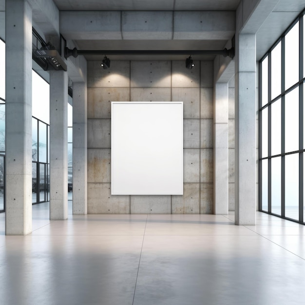 Affiche blanche vierge vue de face sur un mur en béton dans une maquette intérieure de galerie loft moderne AI générative
