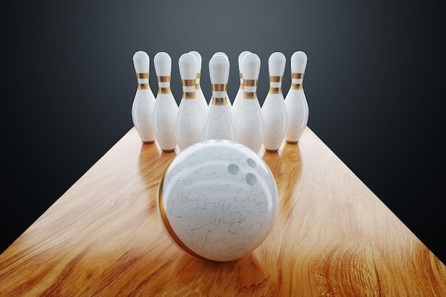 Affiche de bowling pour affiche publicitaire pour le style de magazine de design moderne du site Boule de bowling et quilles sur la voie Espace de copie Illustration 3D Rendu 3D