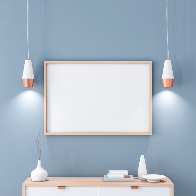 Affiche avec cadre en bois accroché au mur bleu dans un intérieur moderne, rendu 3d