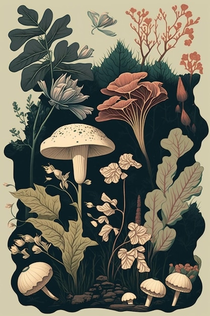 Une affiche d'un champignon et de feuilles avec un champignon dessus.