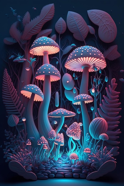 Une affiche de champignons avec des lumières rougeoyantes.