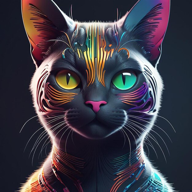 une affiche d'un chat avec des yeux de couleur arc-en-ciel