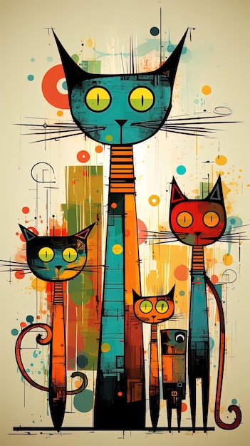 une affiche avec des chats dessus et un chat bleu en haut.