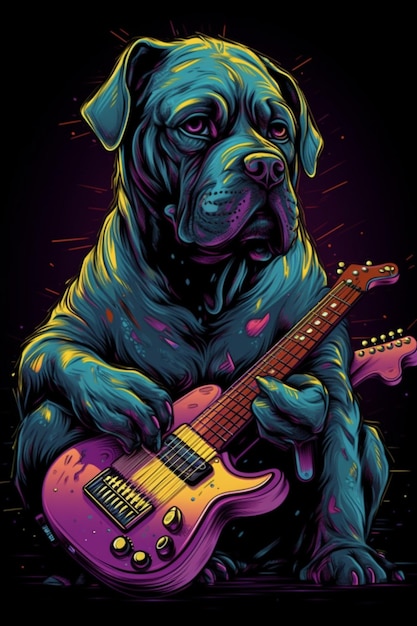 Une affiche d'un chien avec une guitare violette dessus.