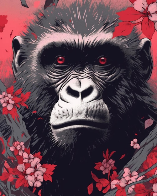 Une affiche d'un chimpanzé aux yeux rouges et un fond rouge avec des fleurs.