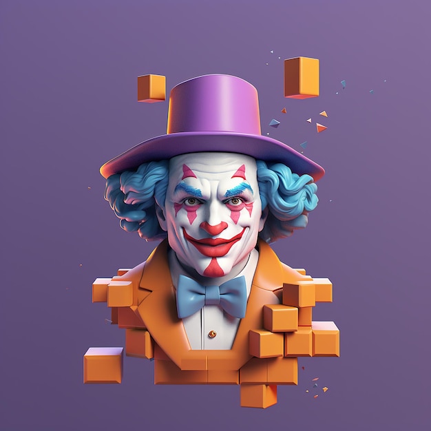 Une affiche d'un clown avec un chapeau violet et un nœud papillon violet.