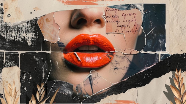 Une affiche de collage d'art pop vintage moderne, des griffons sur un tableau noir, des spitballs avec du texte blah blah, de belles lèvres de femme de 39 ans découpées dans du papier, une illustration moderne.