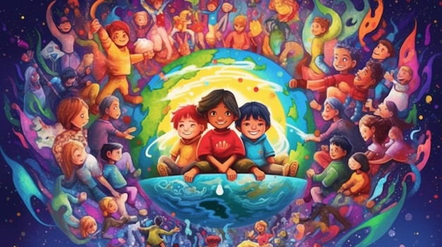 Une affiche colorée d'enfants assis sur la terre avec les mots "sauvons la terre" en bas.