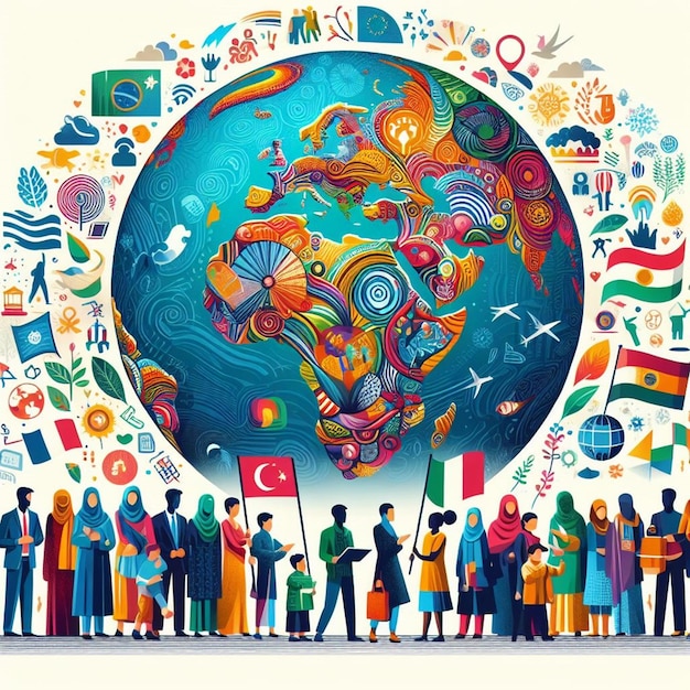 Photo une affiche colorée avec des gens debout autour d'un globe avec le mot partout
