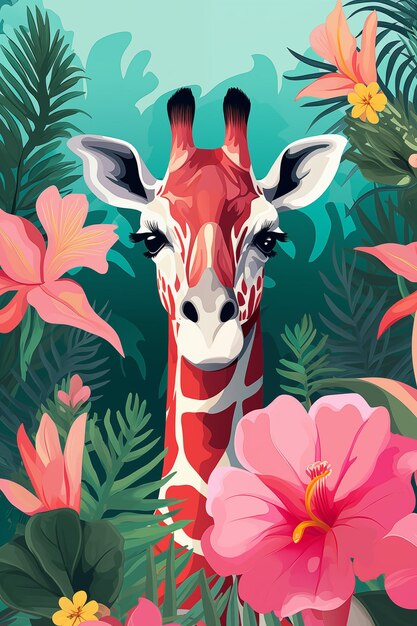 Photo une affiche colorée avec une girafe dans une forêt tropicale