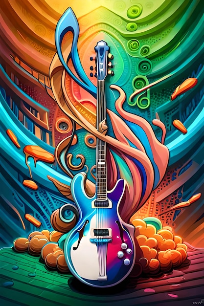 Une affiche colorée d'une guitare avec un fond arc-en-ciel.