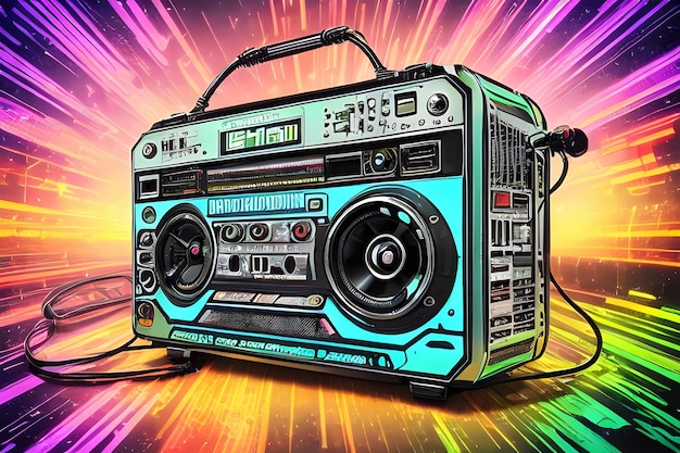 Affiche colorée avec l'image d'une boombox sur fond abstrait pour une discothèque rétro AI générée