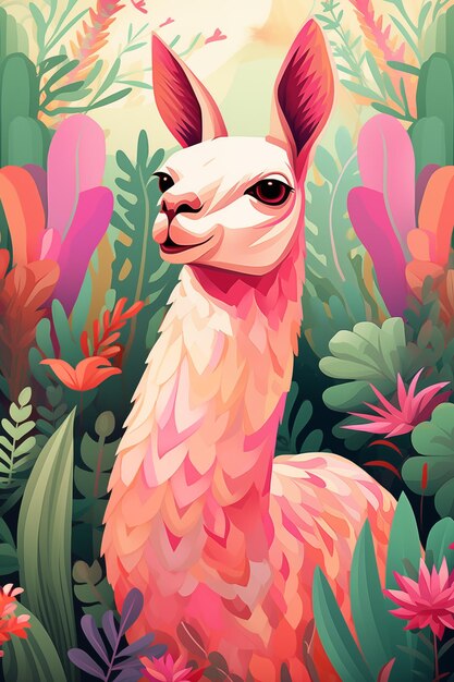 Photo une affiche colorée avec un lama alpaca dans une forêt tropicale