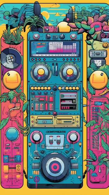 Une affiche colorée avec un lecteur de musique au milieu.