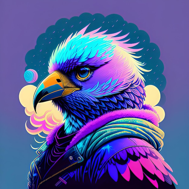 Une affiche colorée avec un oiseau portant un sweat à capuche