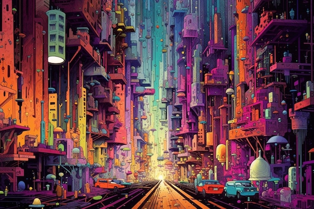 Une affiche colorée avec un paysage urbain et une rue avec des voitures dessus.