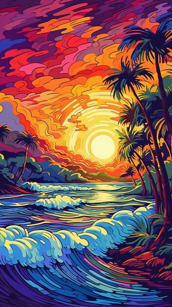 Une affiche colorée d'une plage tropicale avec des palmiers et le soleil qui brille à travers les nuages.