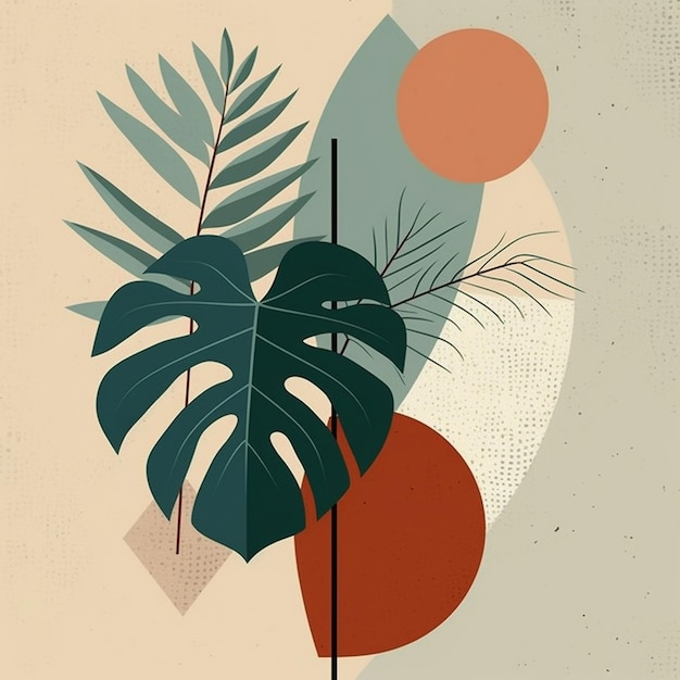une affiche colorée avec une plante et un cercle dessus.