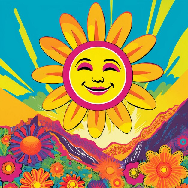 une affiche colorée avec un soleil avec les mots happy face.