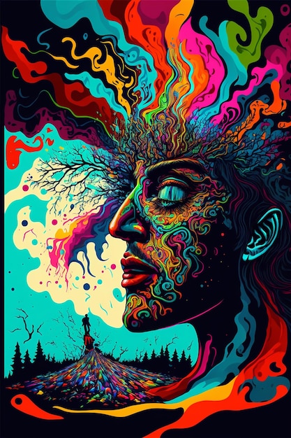 Une affiche colorée d'une tête de femme avec l'arbre dessus.