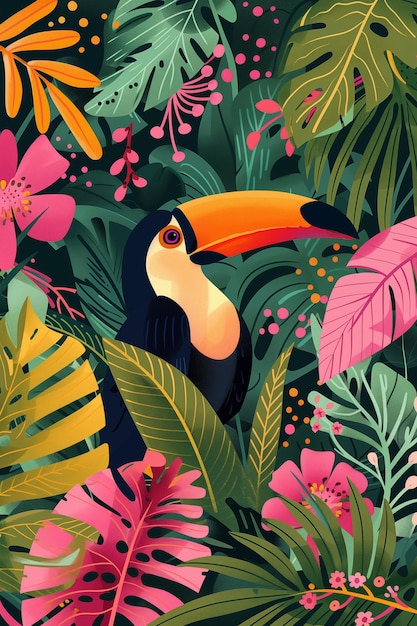 Photo une affiche colorée avec un toucan dans une forêt tropicale