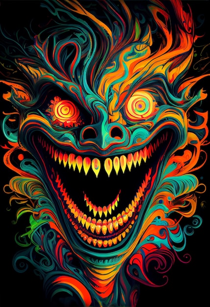 Une affiche colorée avec un visage de monstre et des yeux jaunes.