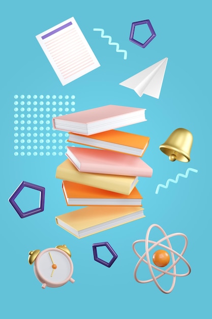 Affiche de concept d'éducation 3d pour l'université et l'école Pile des livres réveil cloche papier avion atome et note volant sur fond bleu Rendu 3d réaliste de haute qualité