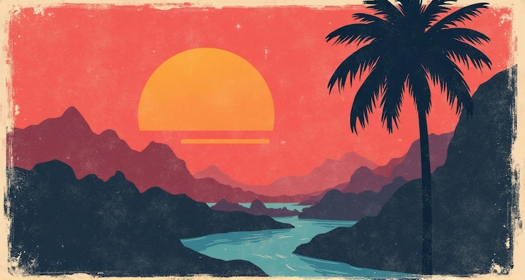 Photo une affiche avec un coucher de soleil en arrière-plan