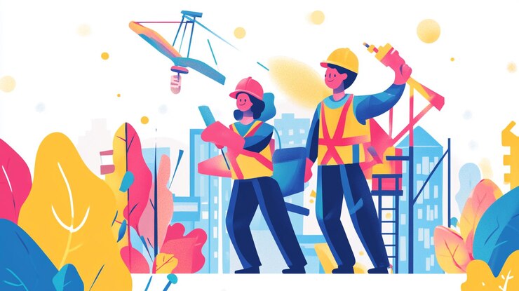 Photo une affiche avec un couple de personnes travaillant sur un bâtiment avec une grue et une grue