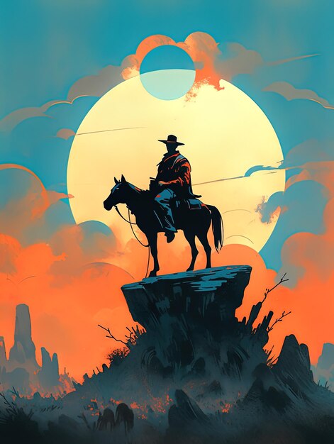 une affiche d'un cow-boy sur un cheval avec une pleine lune en arrière-plan