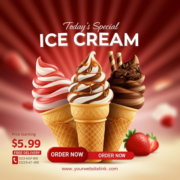 une affiche de crème glacée avec un fond rouge et un panneau disant crême glacée