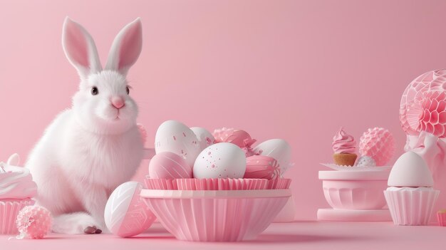 Affiche décorative de Pâques rose avec un mignon lapin de porcelaine à côté d'œufs peints et de cupcake sur fond rose