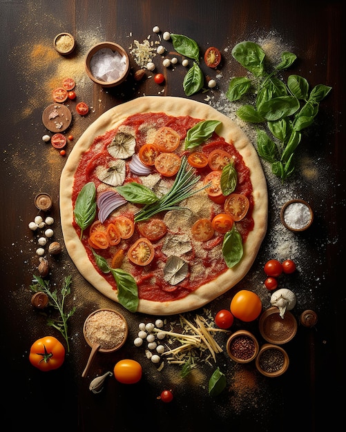 Une affiche avec une délicieuse nature morte de pizza