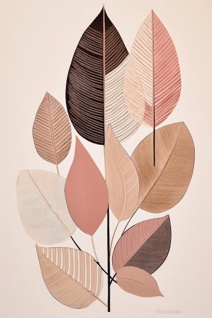 Affiche dessinée à la main avec une plante et des feuilles en rose et marron