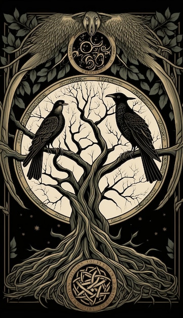 Une affiche de deux corbeaux assis sur un arbre avec un cercle en arrière-plan.