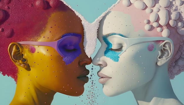 Une affiche de deux femmes aux visages colorés et l'une d'elles porte le mot amour.