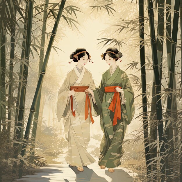 une affiche de deux femmes japonaises en kimonos et kimonos