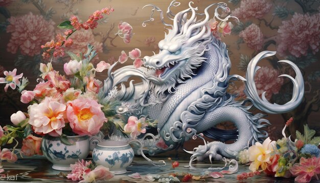 Photo une affiche d'un dragon chinois fabriquée à partir de filigranes d'argent